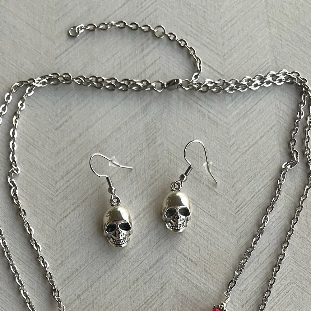 Set ! Red coral skull double layer necklace + matching skull earrings goth boho - Picture 8 of 16